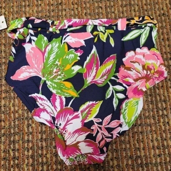 Anne Cole Signature Tropical Bloom Belted High-Waist Bikini Bottom- Blue, Large - Picture 9 of 12